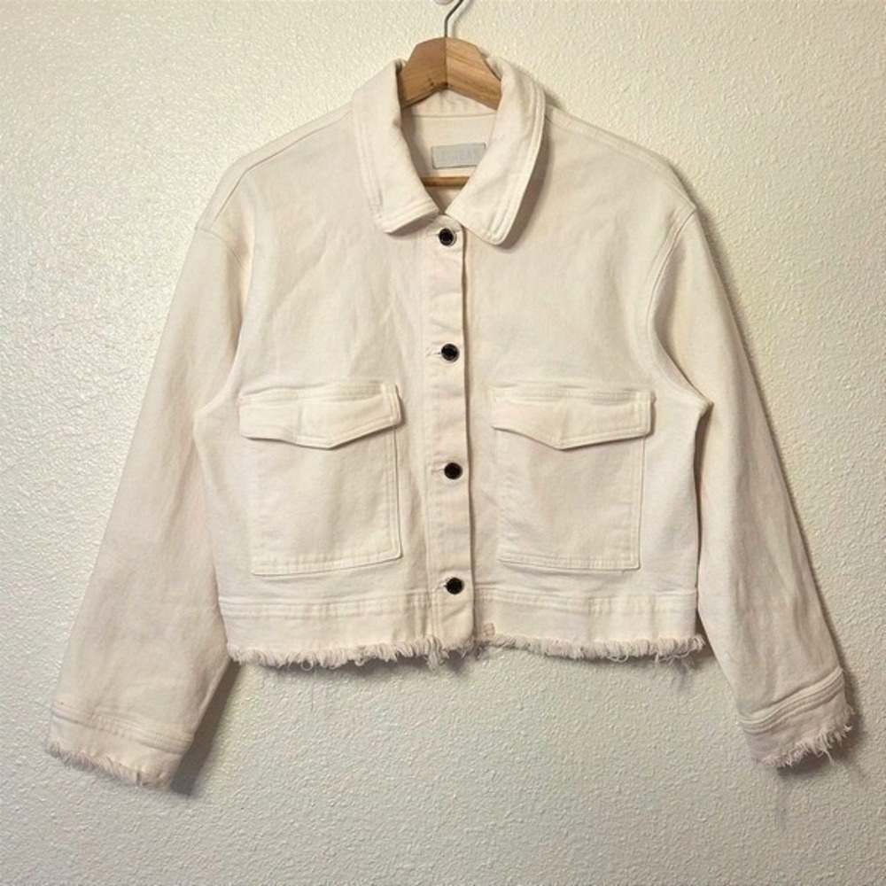 LE JEAN Cropped Denim Jacket Lrg Archive Anthropologie‎ Raw Boho Hem Made in USA